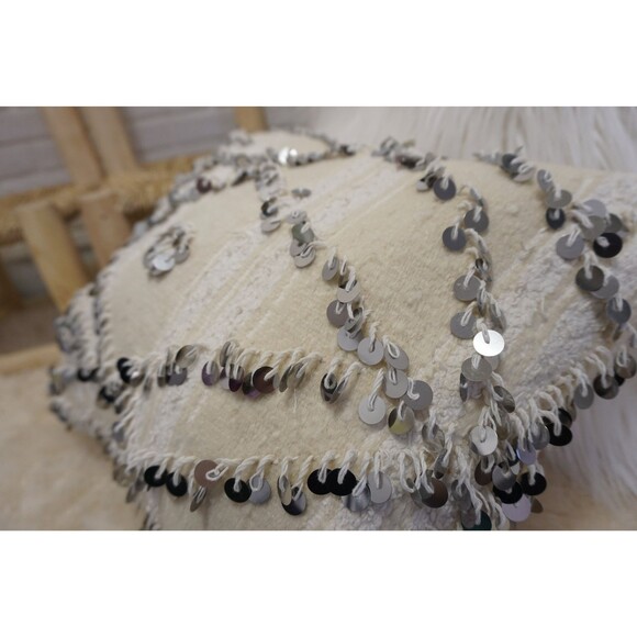 Moroccan Vintage Pillow: White Handira Wedding Blanket 03YS00632 - Picture 5 of 10